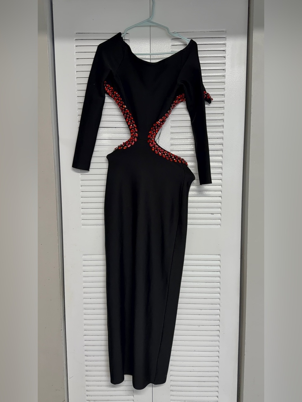 Black Long-Sleeve Cutout Evening Dress with Red Embellishment
